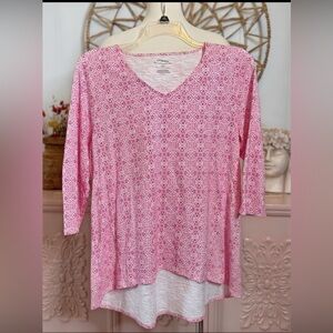 Chico's Pink and White Relaxed‎ Blouse, 3/4 sleeve